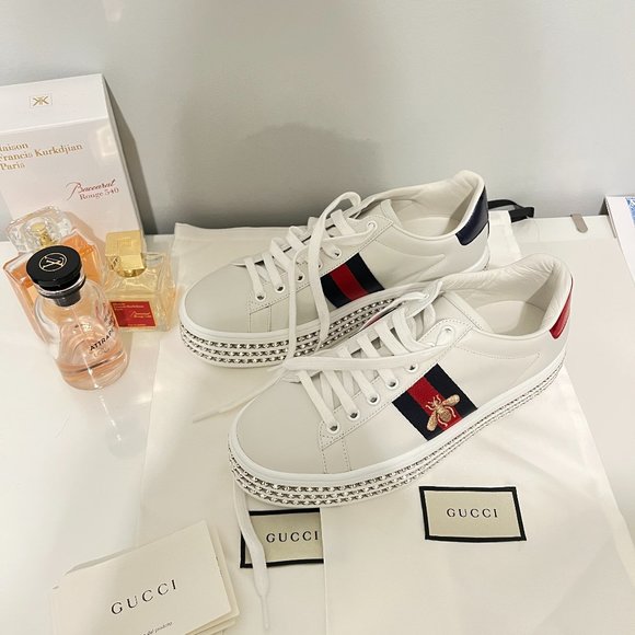 Gucci White Leather Crystal Studded Ace Lace Up Sneakers Size 38 - Picture 1 of 11